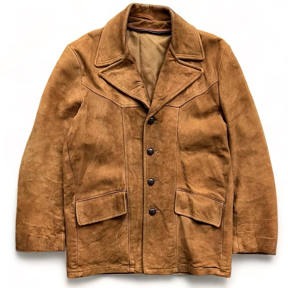 Vintage Other - Vintage 70s Suede Leather Long Blazer Overcoat Jacket 40 Tan R Sherman Coat M